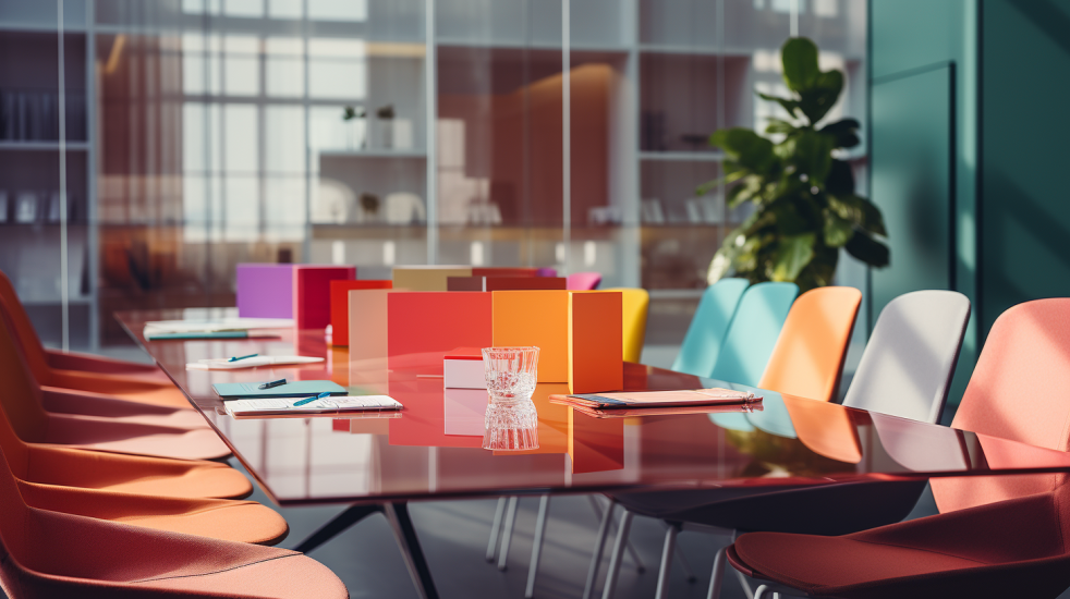 Lege, moderne vergaderruimte met felgekleurde stoelen en een glazen tafel met notitieblokken en mappen klaar voor een bijeenkomst