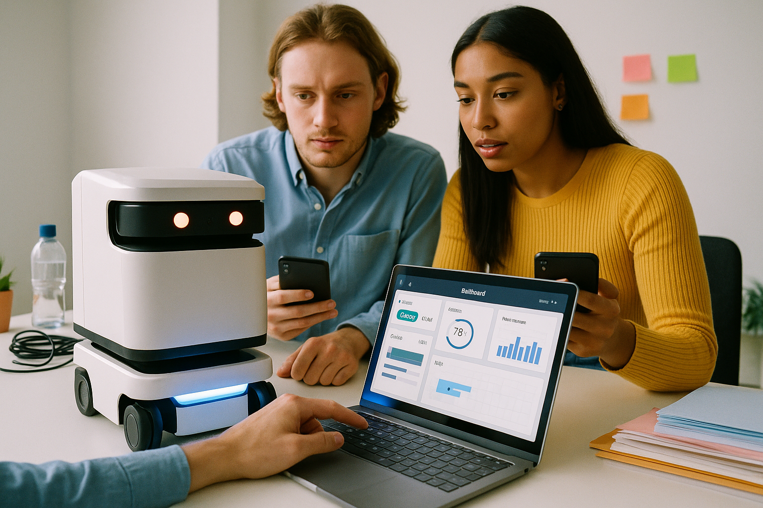Twee mensen bekijken een kleine robot en een dashboard op een laptop aan een bureau.