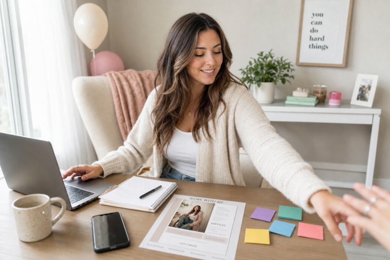 Vrouw aan bureau met laptop, notitieblok en kleurrijke memoblaadjes in een lichte thuiswerkruimte