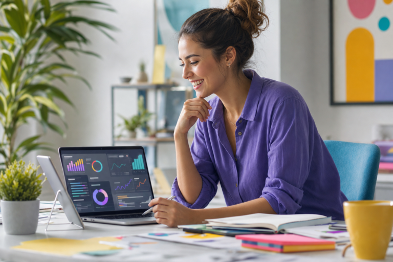 Glimlachende vrouw in paarse blouse bekijkt analysegrafieken op een laptop aan een bureau in een lichte werkruimte.