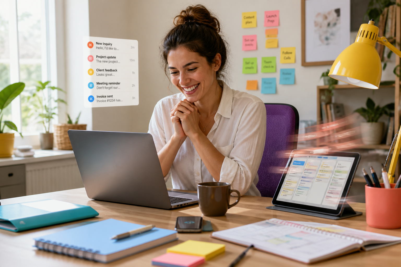 Vrouw werkt glimlachend achter laptop in thuiskantoor met tablet, notities en meldingen in beeld.