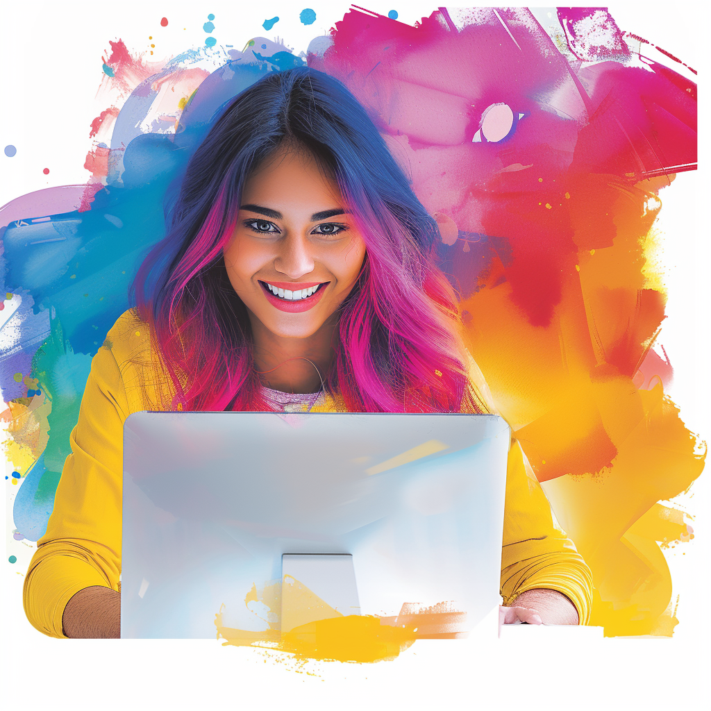 Vrouw met roze en blauw haar glimlacht achter een laptop, tegen een kleurrijke abstracte achtergrond.