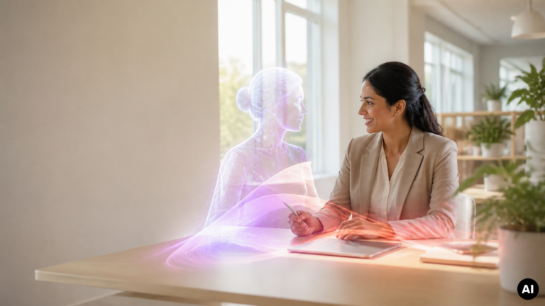 Vrouw aan een bureau kijkt glimlachend naar een doorschijnend, paars digitaal avatar met lichtgolven in een kantoor.