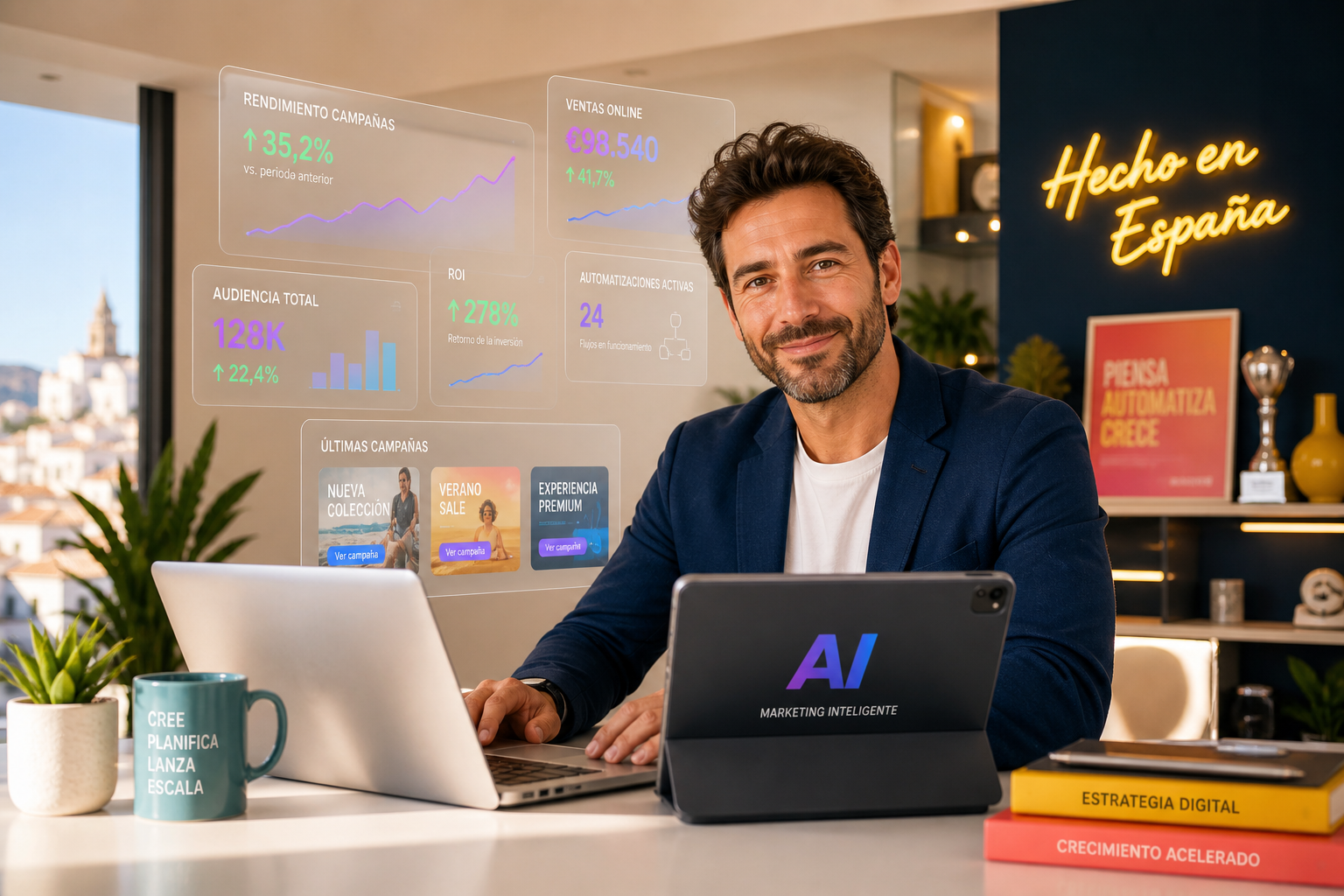 Man at desk with laptop and tablet, surrounded by floating digital marketing analytics and campaign dashboards.