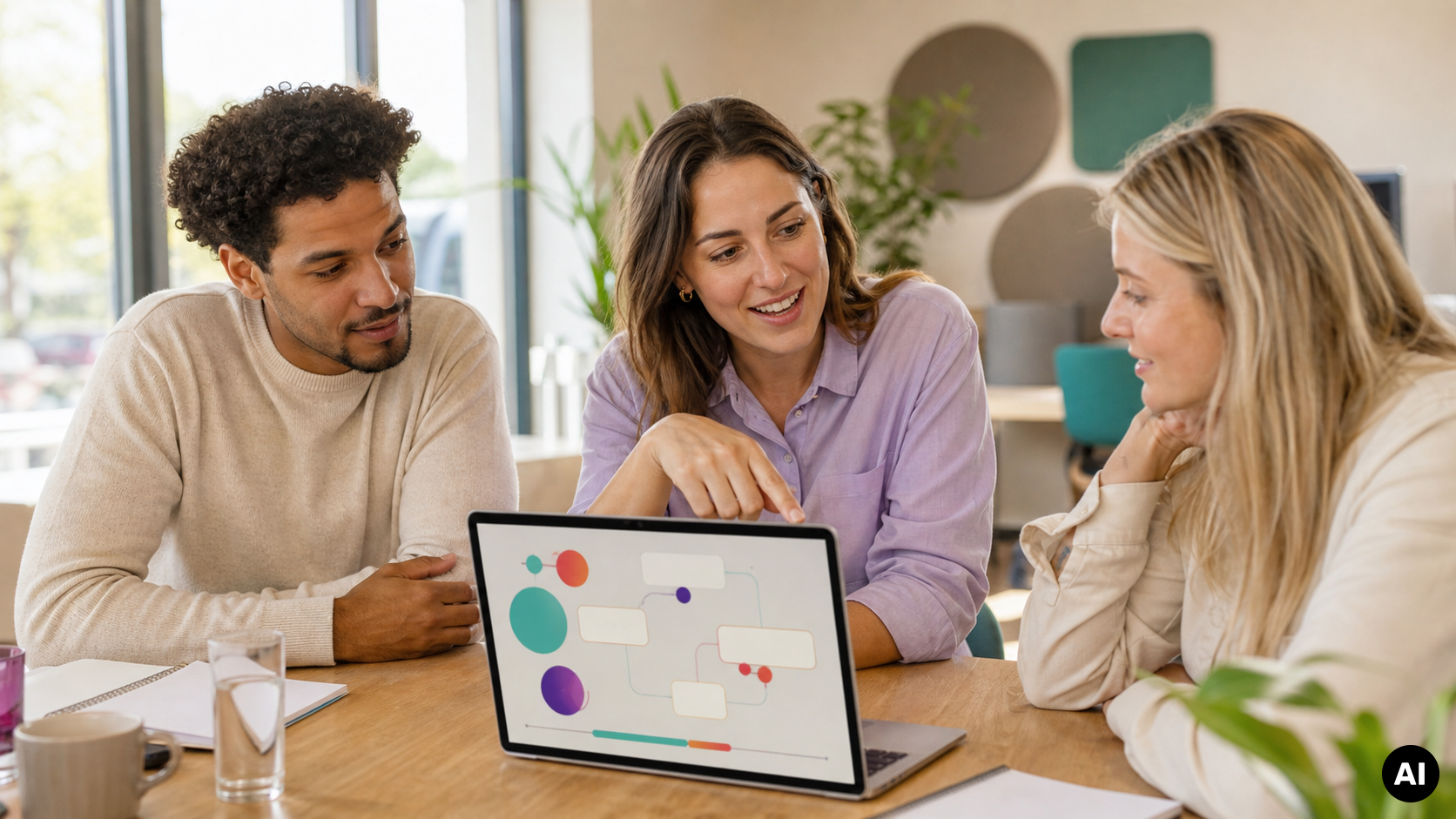 Drie collega’s bespreken aan tafel een digitaal werkproces dat op een laptop wordt weergegeven.