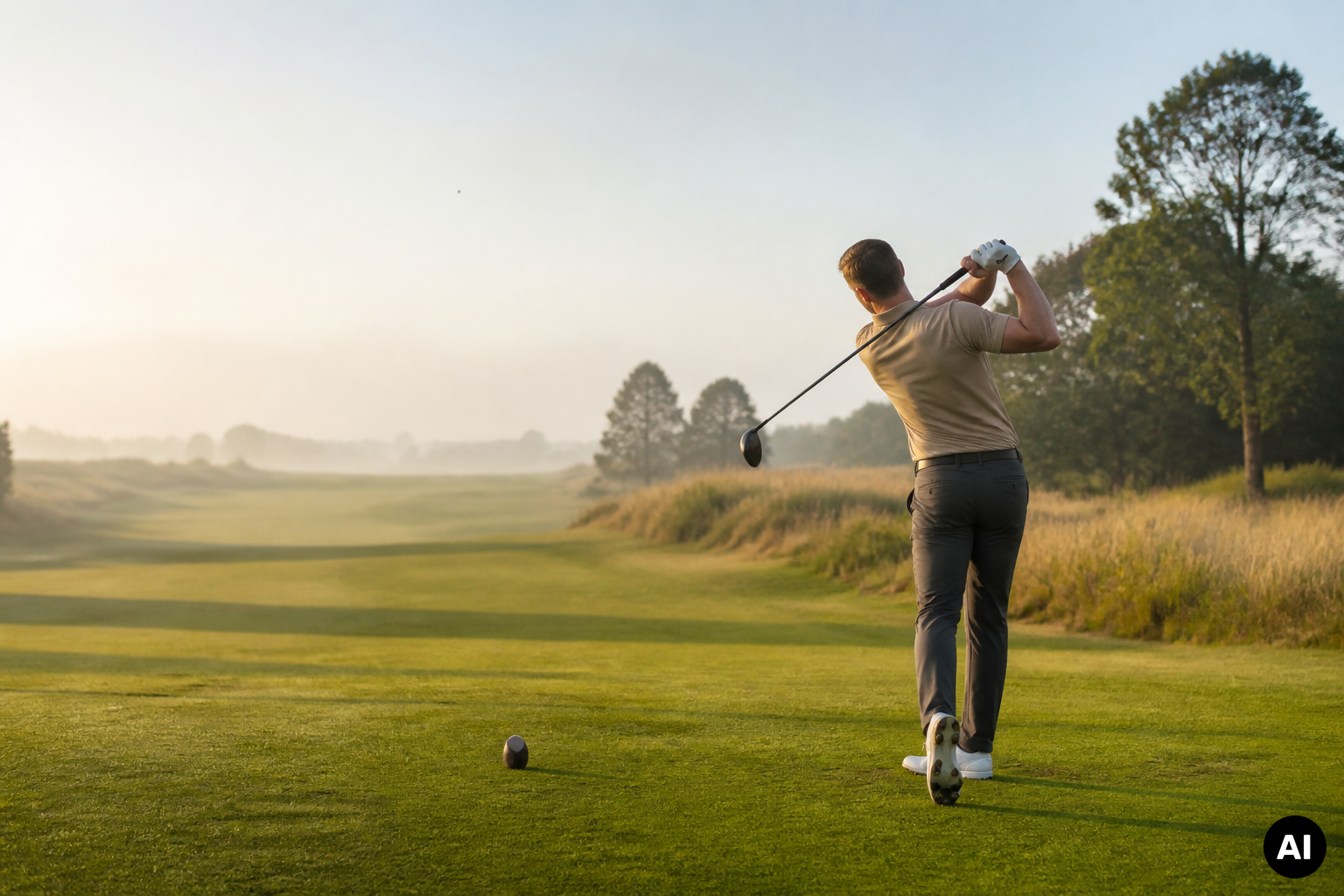 Golfer van achteren tijdens de finish van een afslag op een groene golfbaan in zacht ochtendlicht.