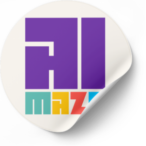 Ronde sticker met het AIMAZE-logo in paars en meerkleurige blokletters.