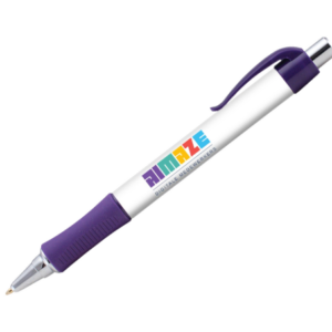 Witte balpen met paarse grip en clip, met het gekleurde AIMAZE-logo.