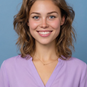 Frontaal portret van een glimlachende jonge vrouw (Eva) met halflang golvend bruin haar, blauwe ogen en een lila blouse tegen een egale lichtblauwe achtergrond.