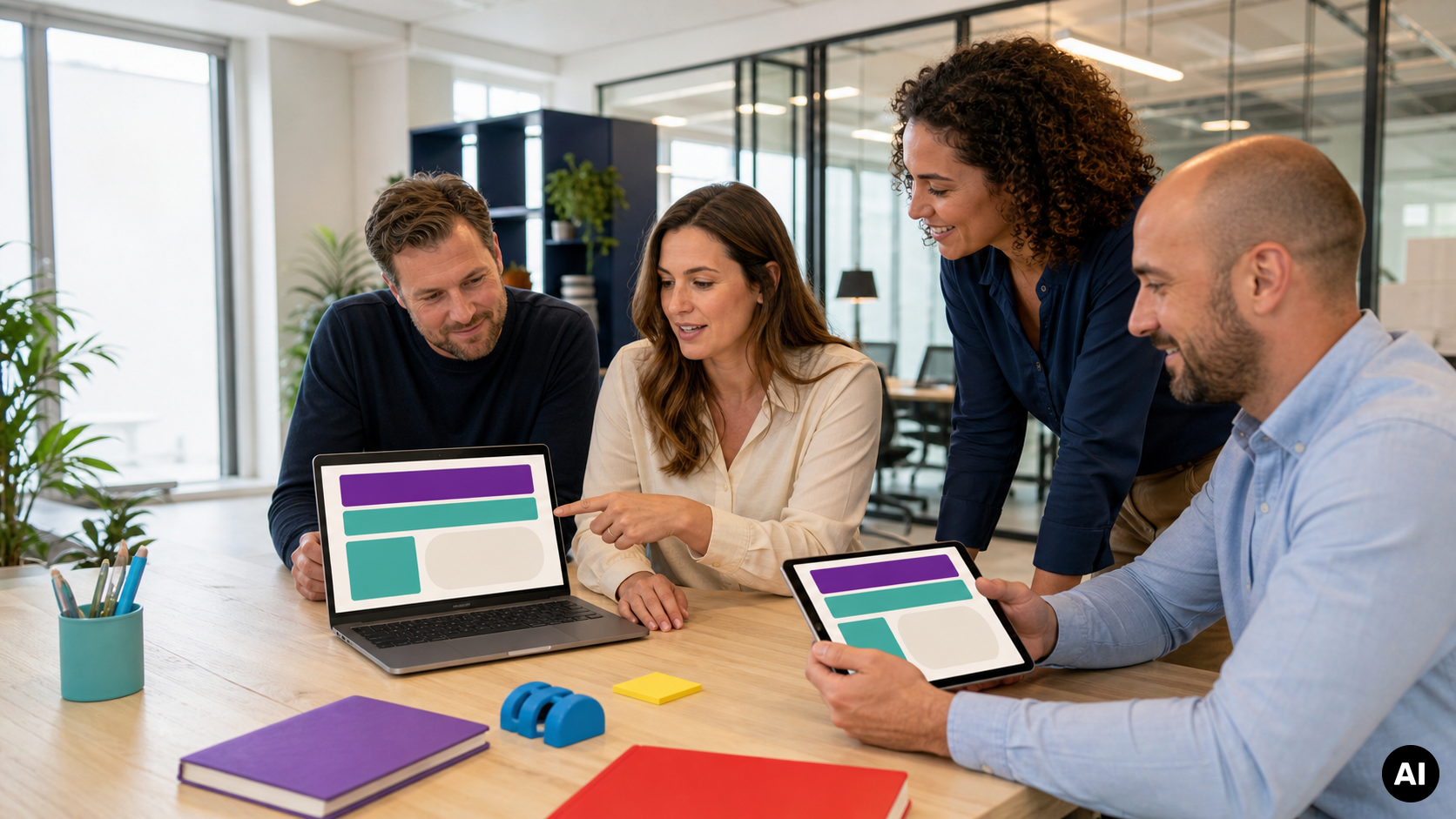 Vier collega's bespreken een nieuwsbriefontwerp op een laptop en tablet aan een vergadertafel.